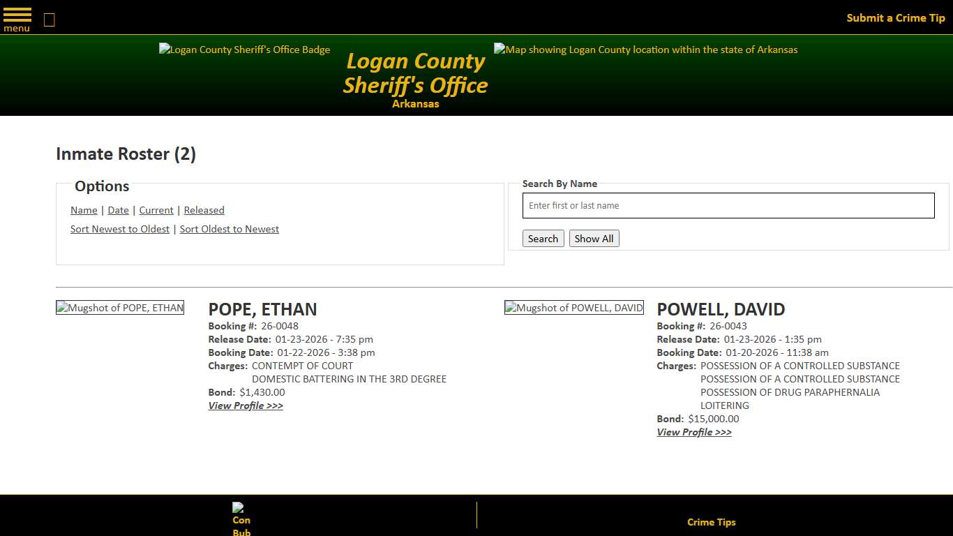 Inmate Roster - Released Inmates Booking Date Descending - Logan County Sheriff's Office, Arkansas